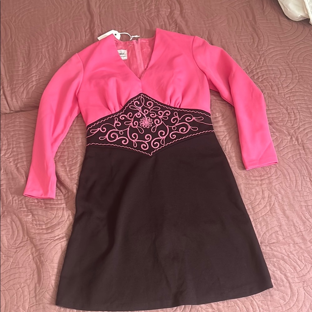 Vintage 1960s Pink and Brown Long-Sleeve Mini Dress